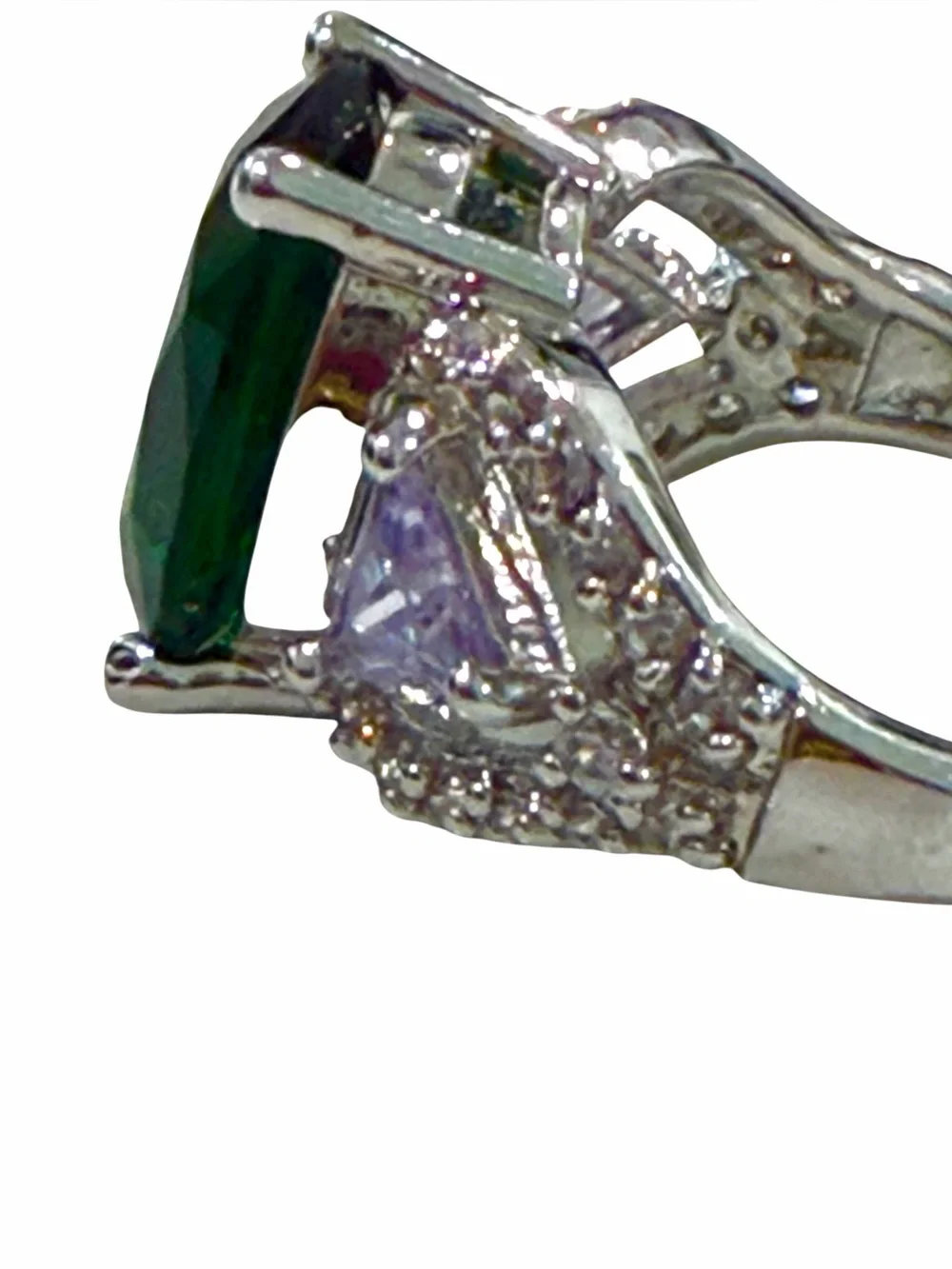 Sterling Silver Emerald & Tanzanite Three- Stone Cocktail Ring (Size 6.5)
